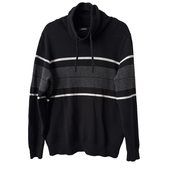 Express Men’s L Classic Cowl Neck Wool Blend Stripe Knit Pullover Sweater Retro - Picture 1 of 10